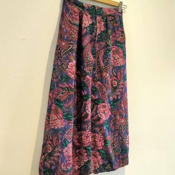 Vintage Bohemian Pleated Folk Midi Skirt Floral Paisely Cottagecore with Pockets - Picture 9 of 16